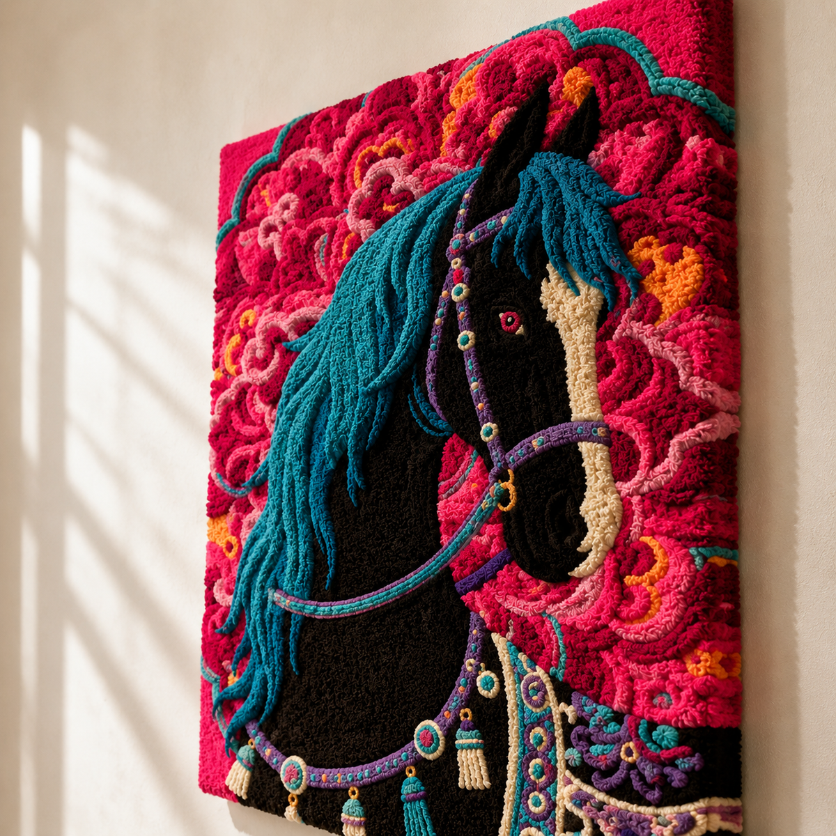 Hewn Earth Midnight Rose Mare wall art featuring a detailed, artistic depiction of a mare with a dark, moody floral background.