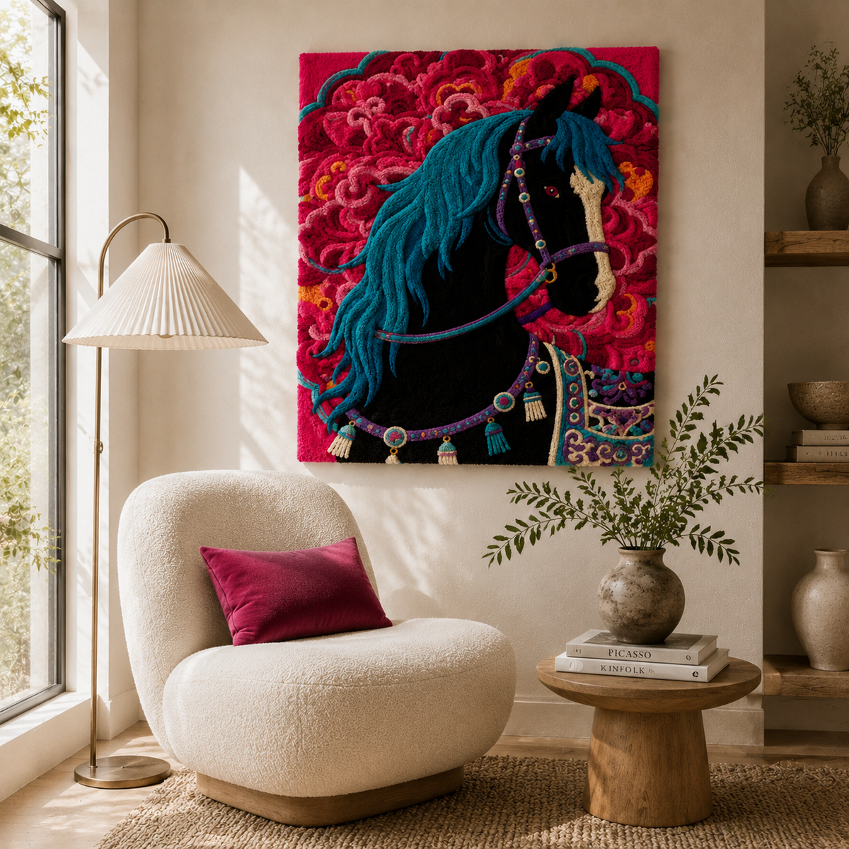 Hewn Earth Midnight Rose Mare wall art featuring a detailed depiction of a horse with a floral rose design in dark tones