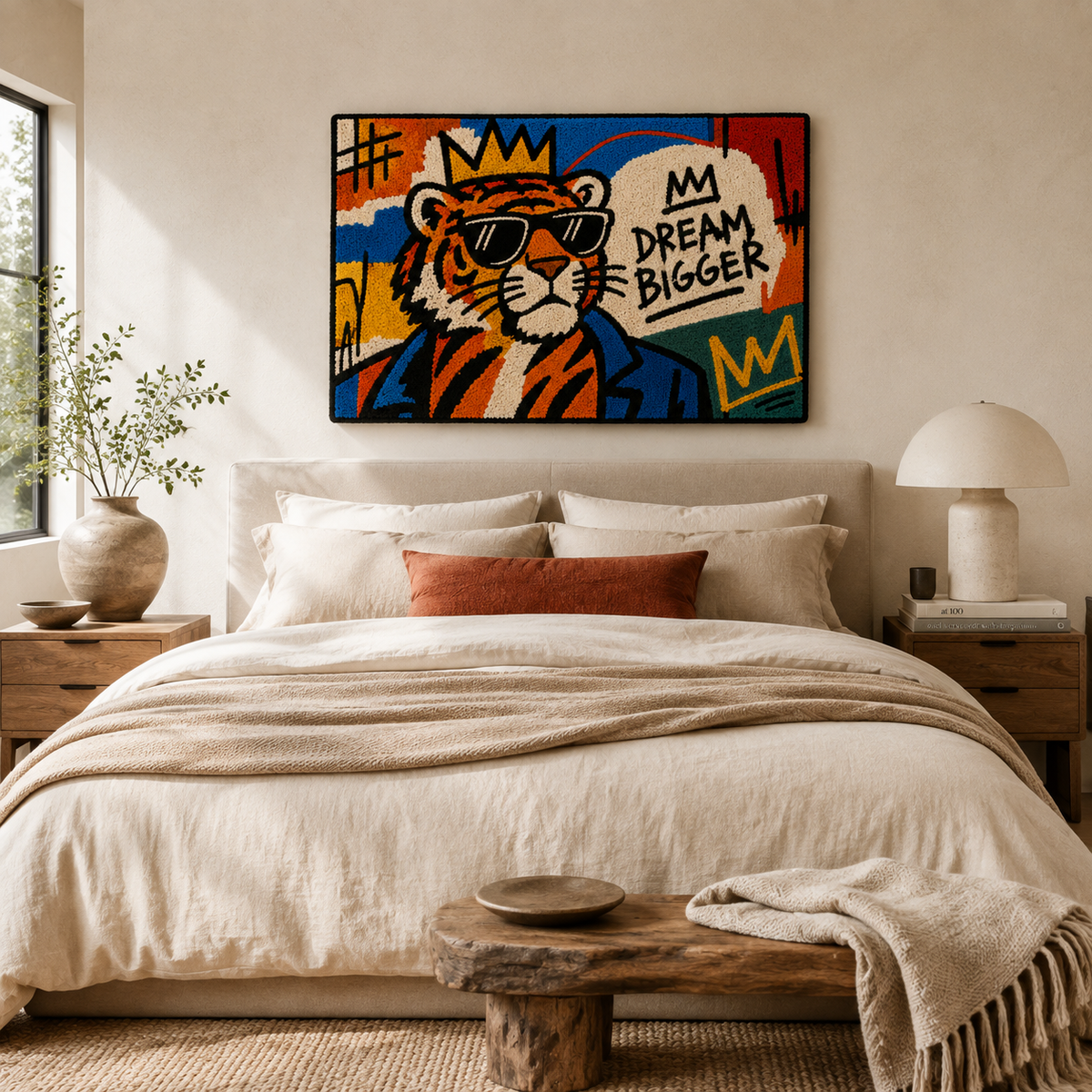 Hewn Earth Dream Bigger Tiger wall art featuring a bold tiger design on a wall, modern and artistic home decor piece.