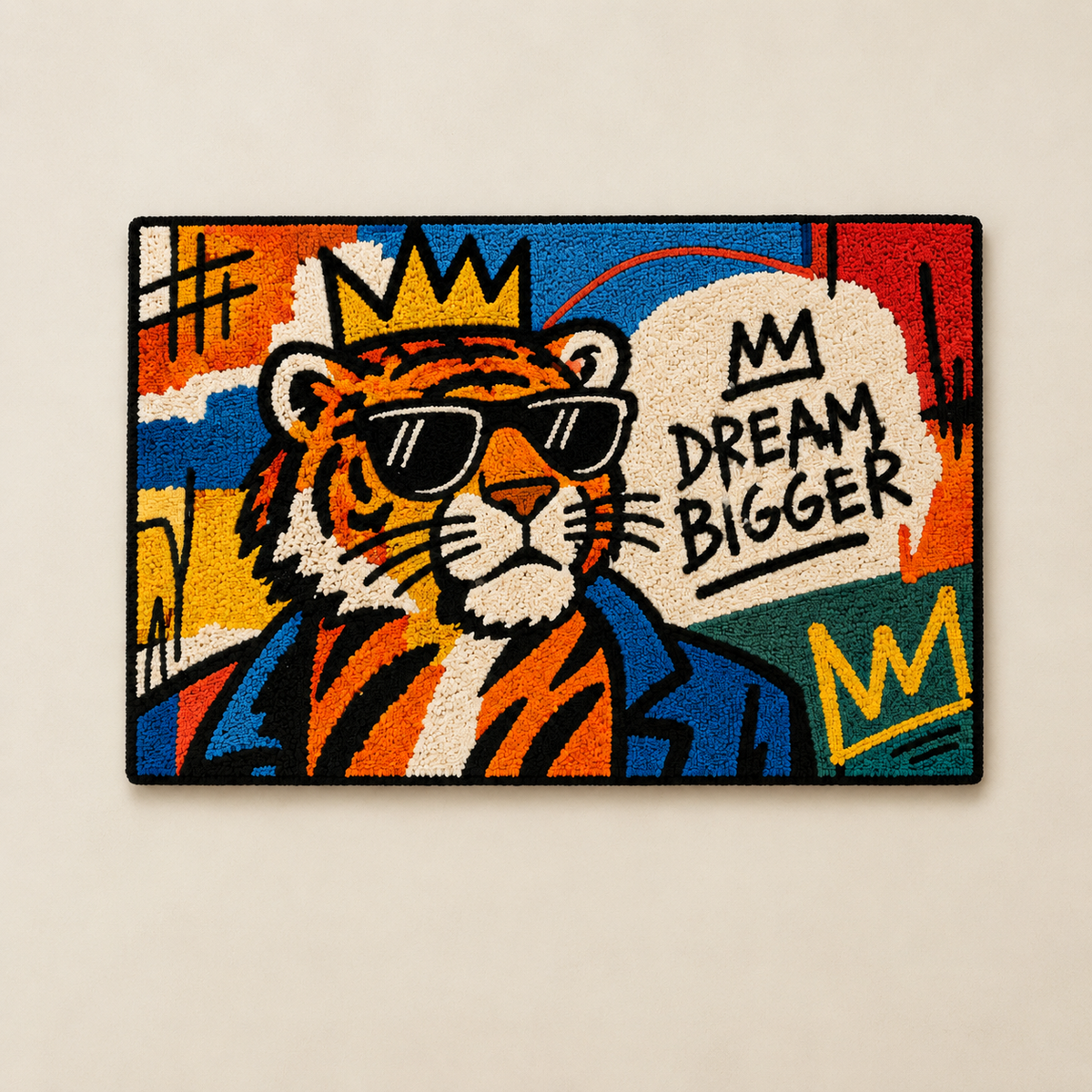 Dream Bigger Tiger wall art by Hewn Earth featuring a vibrant tiger design on a light background.