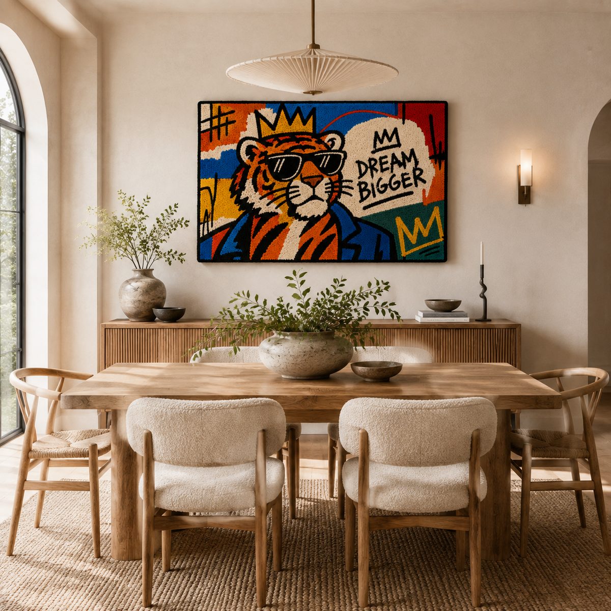 Hewn Earth Dream Bigger Tiger wall art, vibrant illustration of a tiger with inspirational text, ready for wall display.