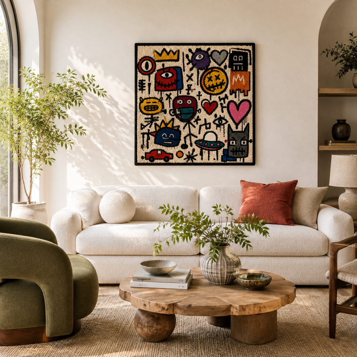 Hewn Earth Street Symbol Chorus wall art featuring urban street symbols in vibrant colors on a canvas.