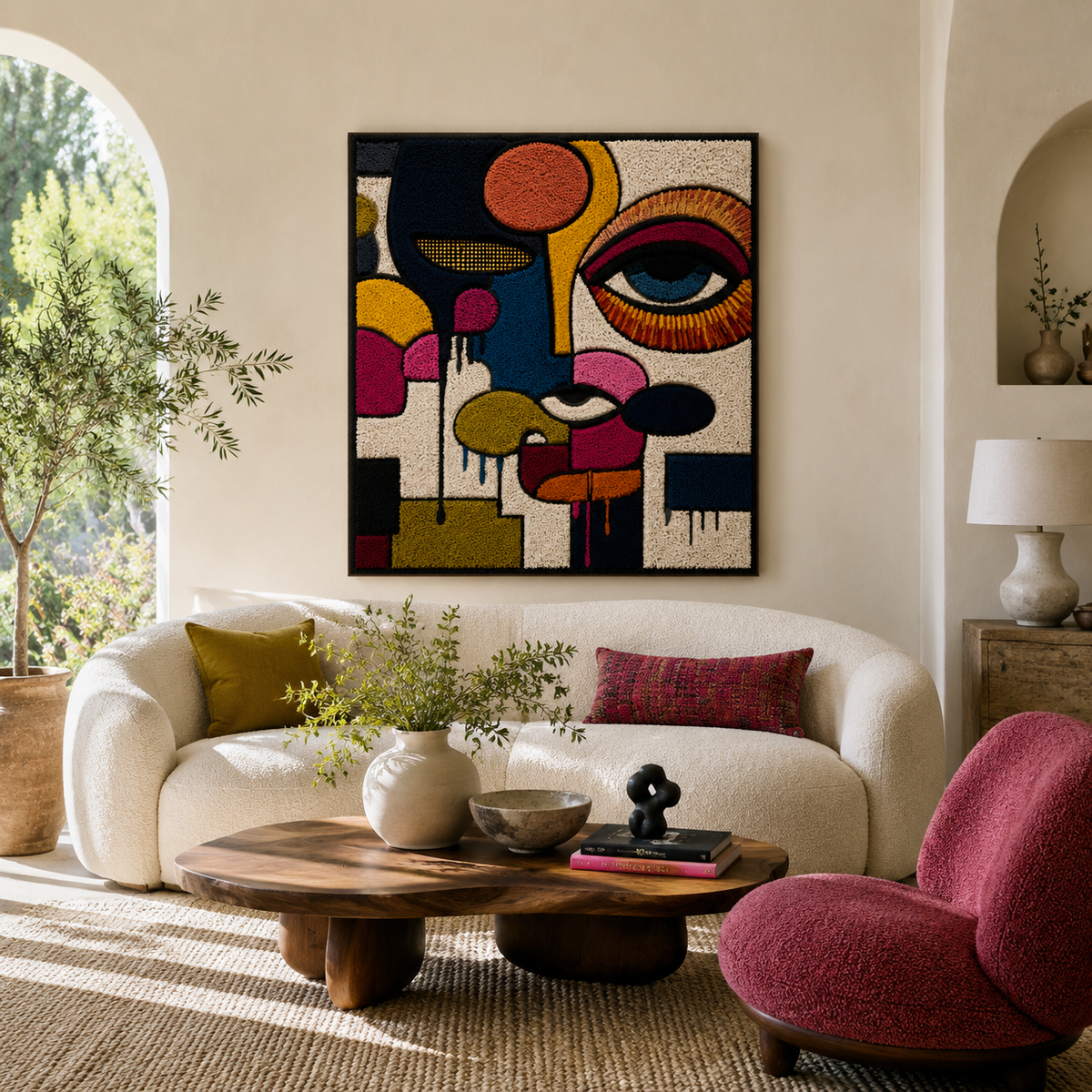 Hewn Earth Bauhaus Eye wall art featuring geometric design in neutral tones, hanging on a modern room wall.