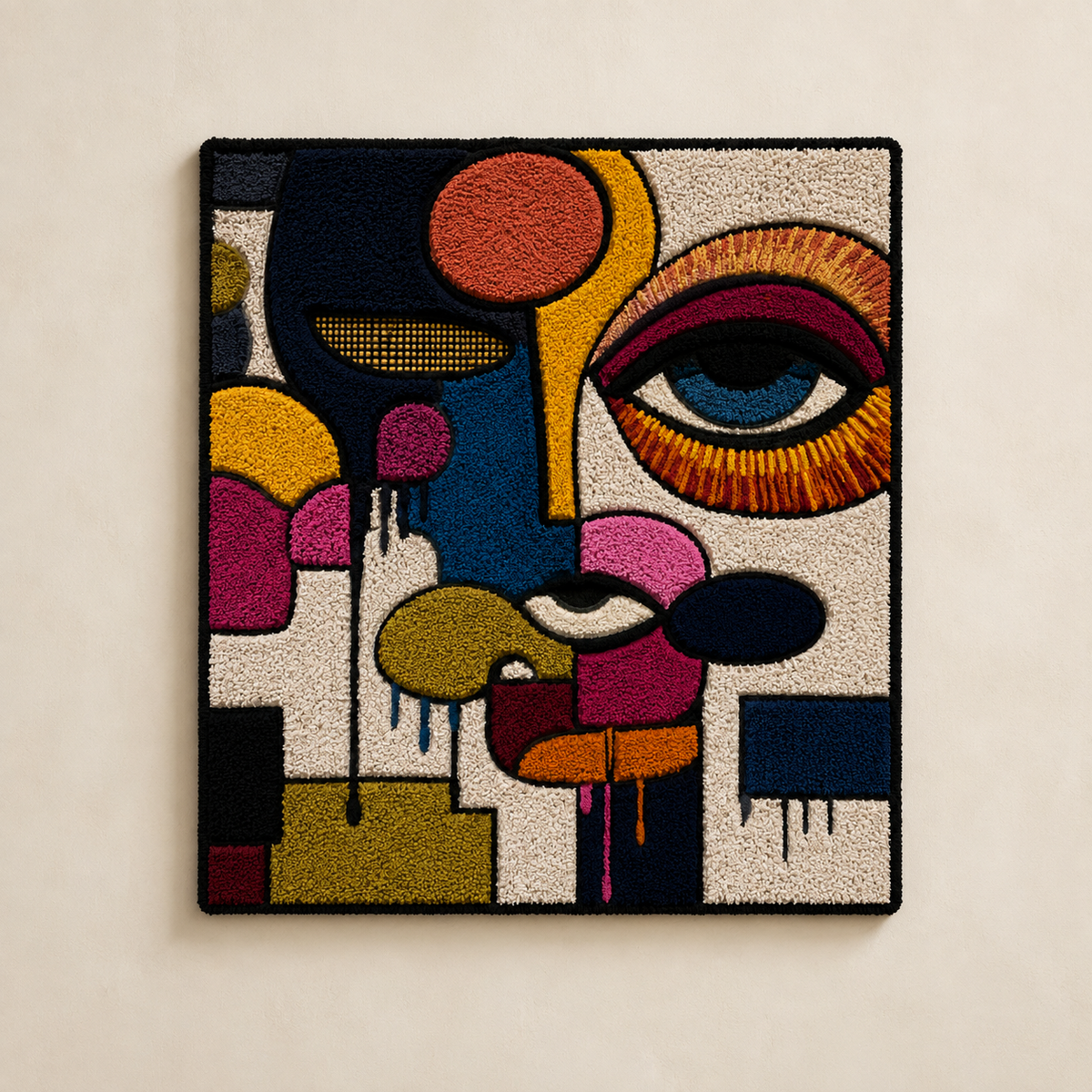 Hewn Earth Bauhaus Eye wall art featuring geometric shapes and bold lines, modern home decor piece, light-colored design.