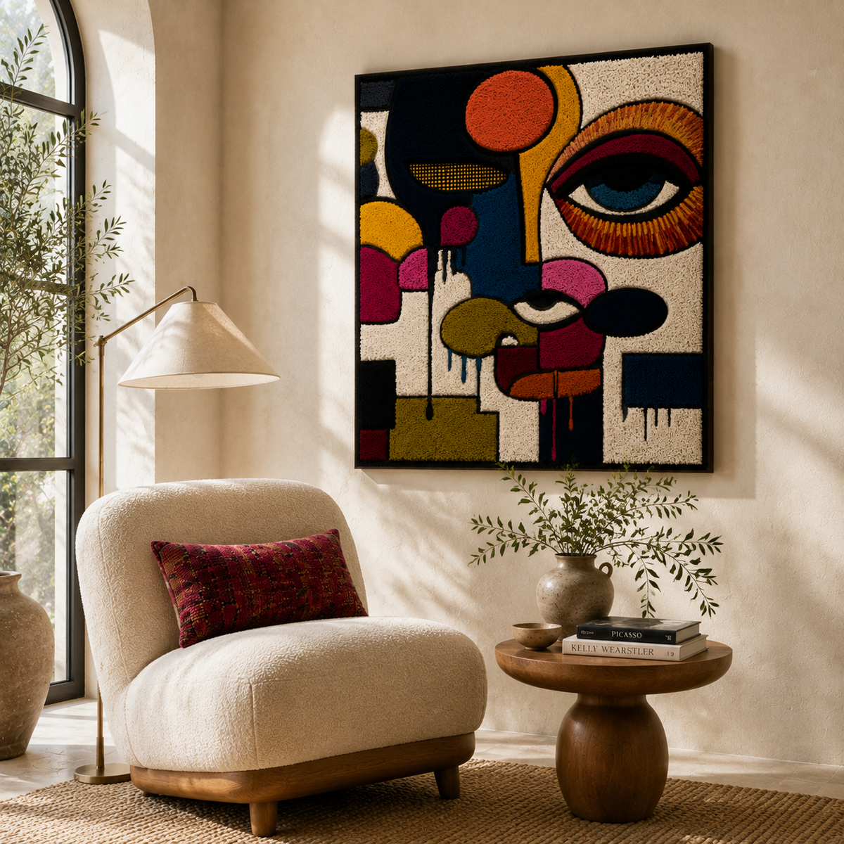 Hewn Earth Bauhaus Eye wall art featuring abstract geometric shapes in black, white, and gray tones on a wall.