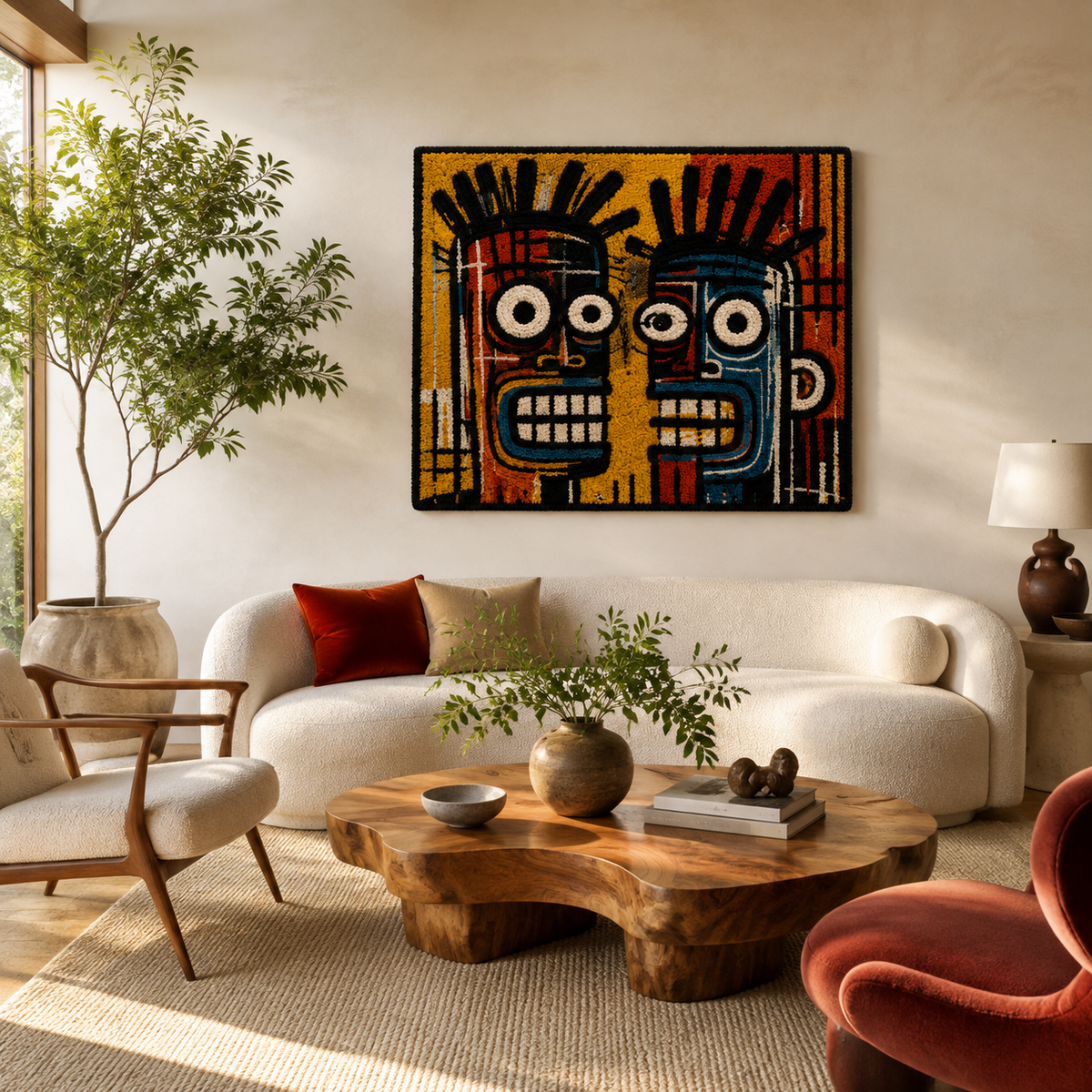 Hewn Earth Twin Ember Masks wall art featuring two stylized mask designs on a neutral background.