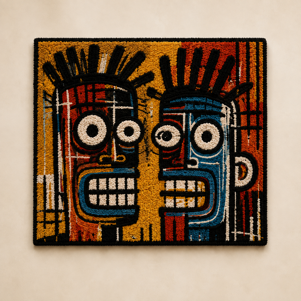 Twin Ember Masks wall art by Hewn Earth featuring two detailed, fiery mask designs on a neutral background.