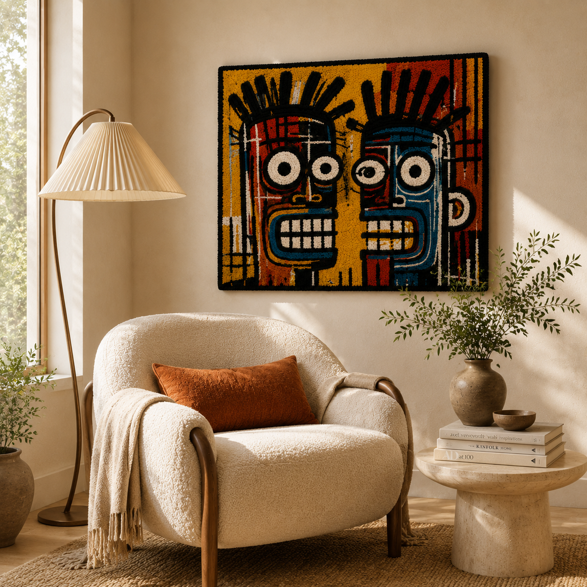 Twin Ember Masks wall art by Hewn Earth featuring two detailed, fiery mask designs on a neutral background.