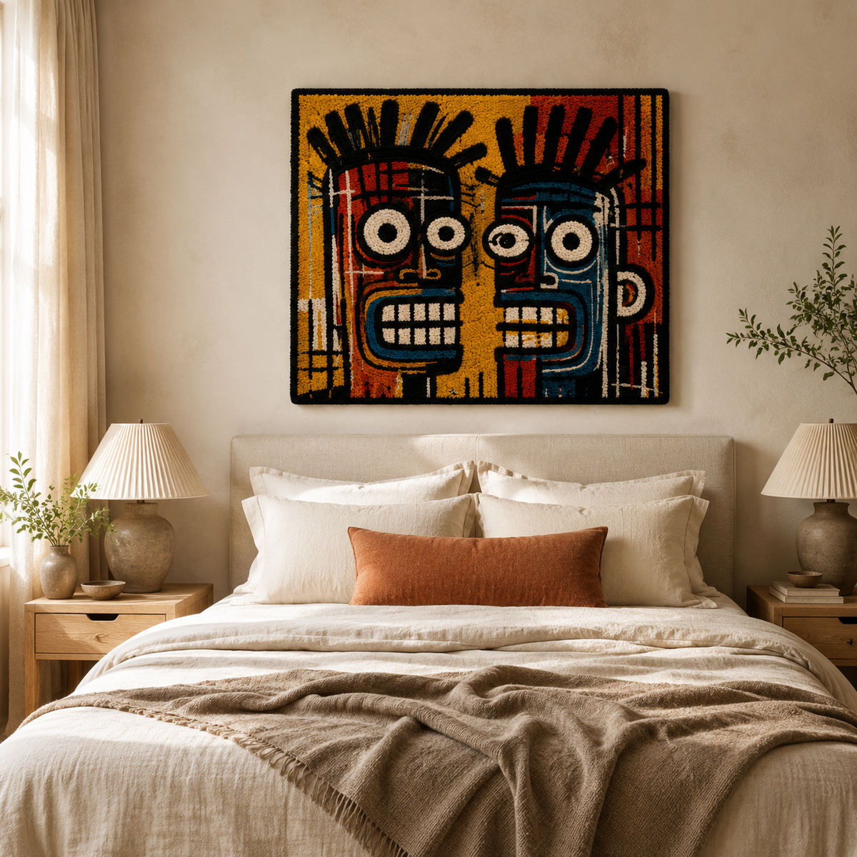 Twin Ember Masks wall art by Hewn Earth featuring two textured, fiery mask sculptures in earthy tones for unique home decor