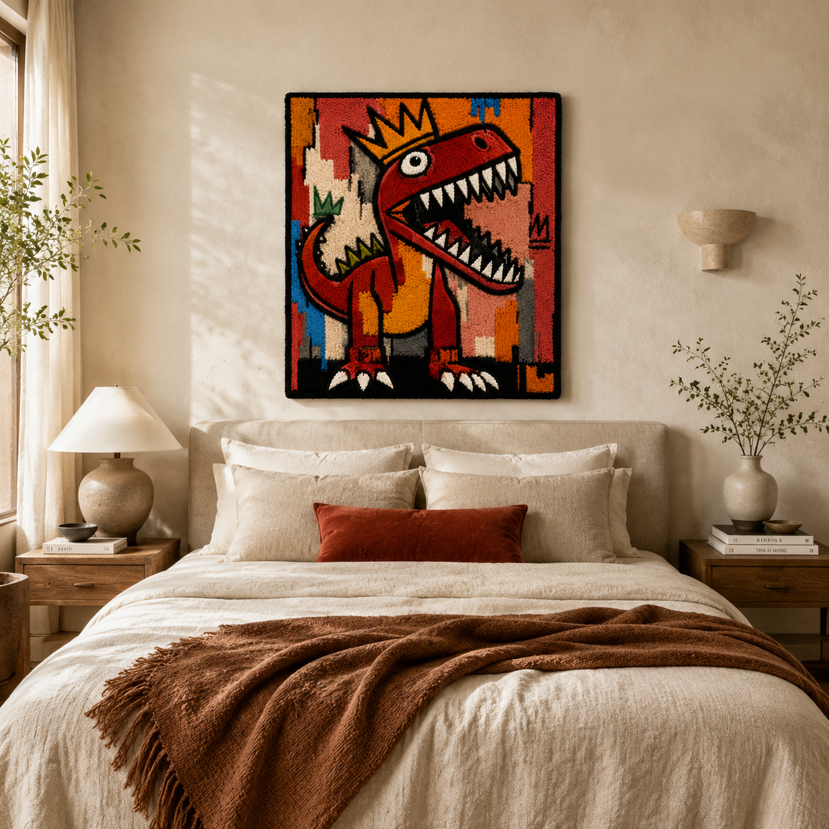 Red Rex crowned wall art by Hewn Earth featuring a fierce dinosaur illustration displayed on a modern wall.