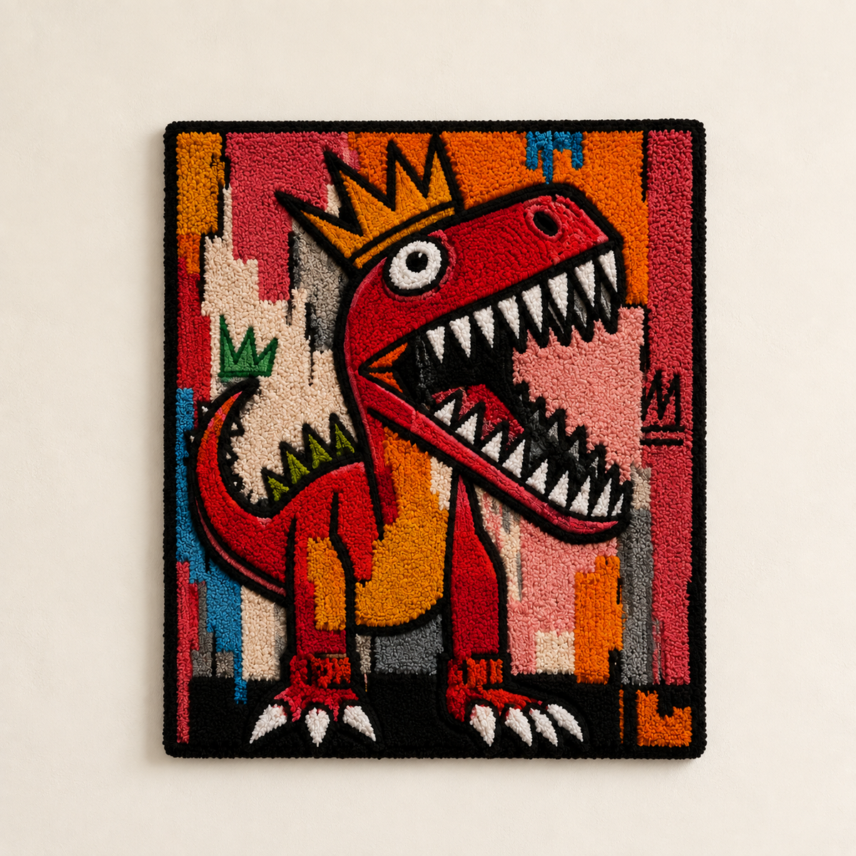Red Rex crowned wall art by Hewn Earth featuring a vibrant dinosaur illustration on a light background.