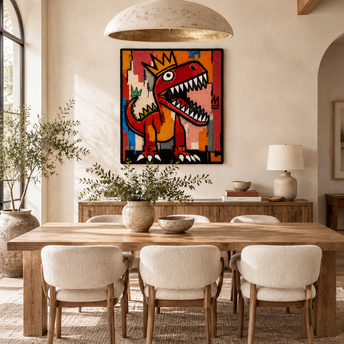 Red Rex Crowned wall art by Hewn Earth featuring a vibrant red dinosaur design on a textured background.