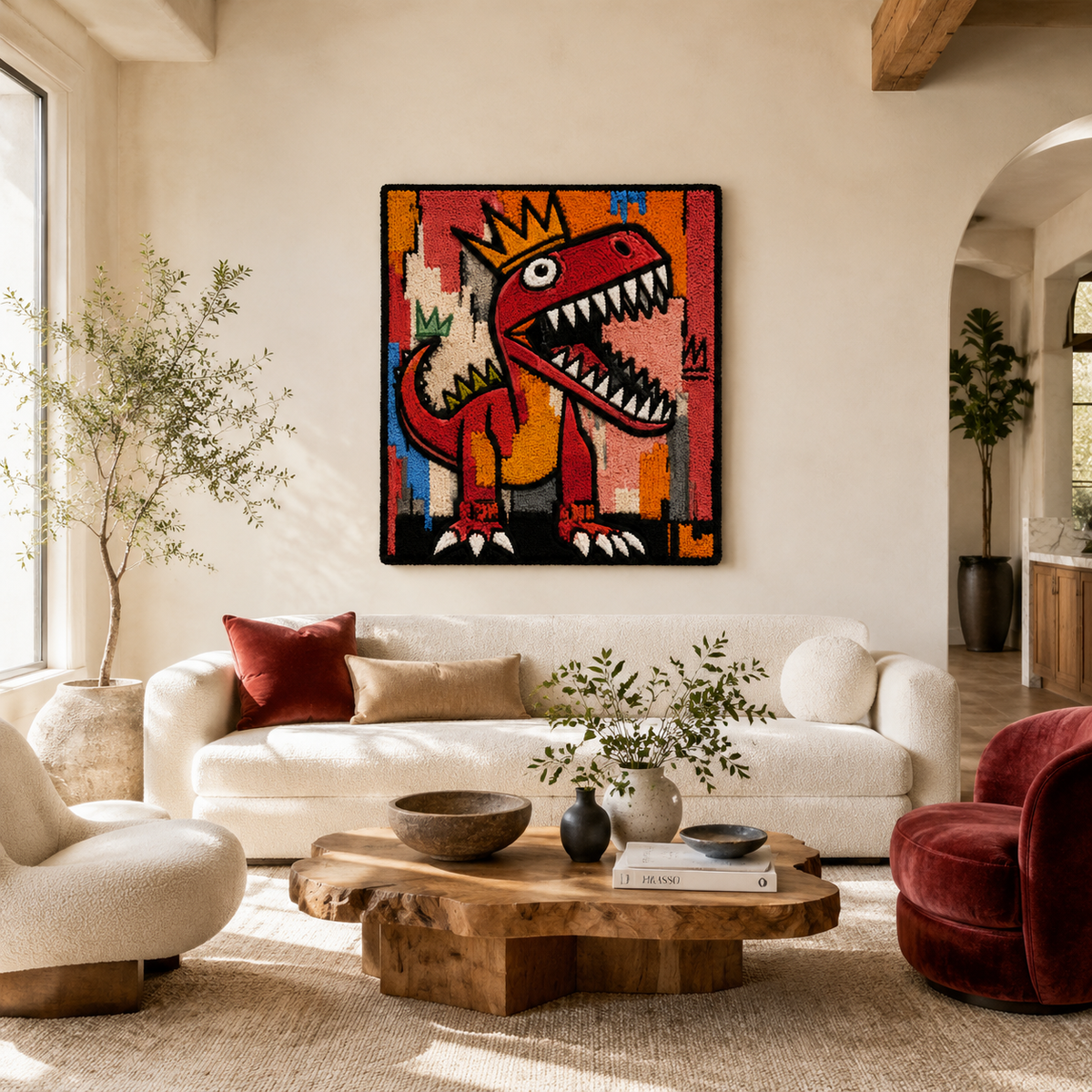 Red Rex crowned wall art by Hewn Earth featuring a vibrant dinosaur illustration on a neutral background.