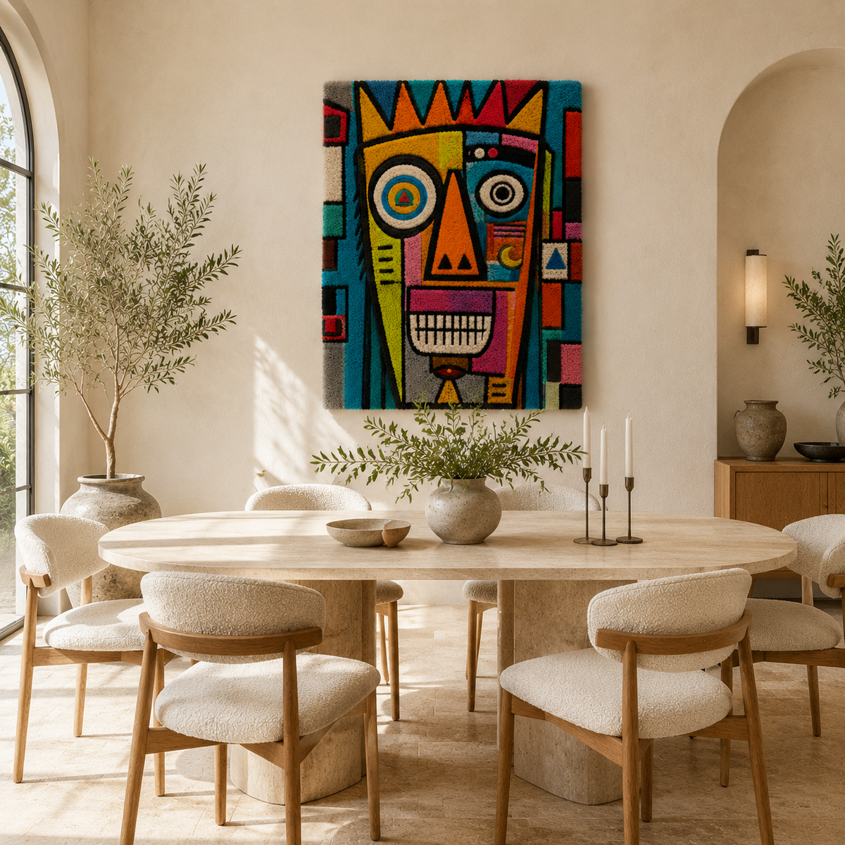Hewn Earth Prismatic Totem wall art featuring geometric shapes and earthy tones, perfect for modern home decor.