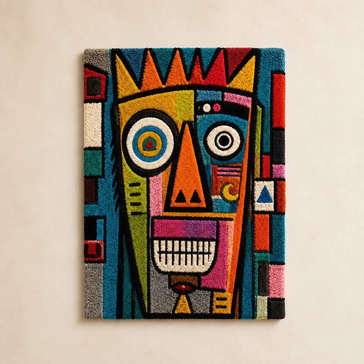 Hewn Earth Prismatic Totem wall art featuring colorful geometric patterns and textured design on a white background.