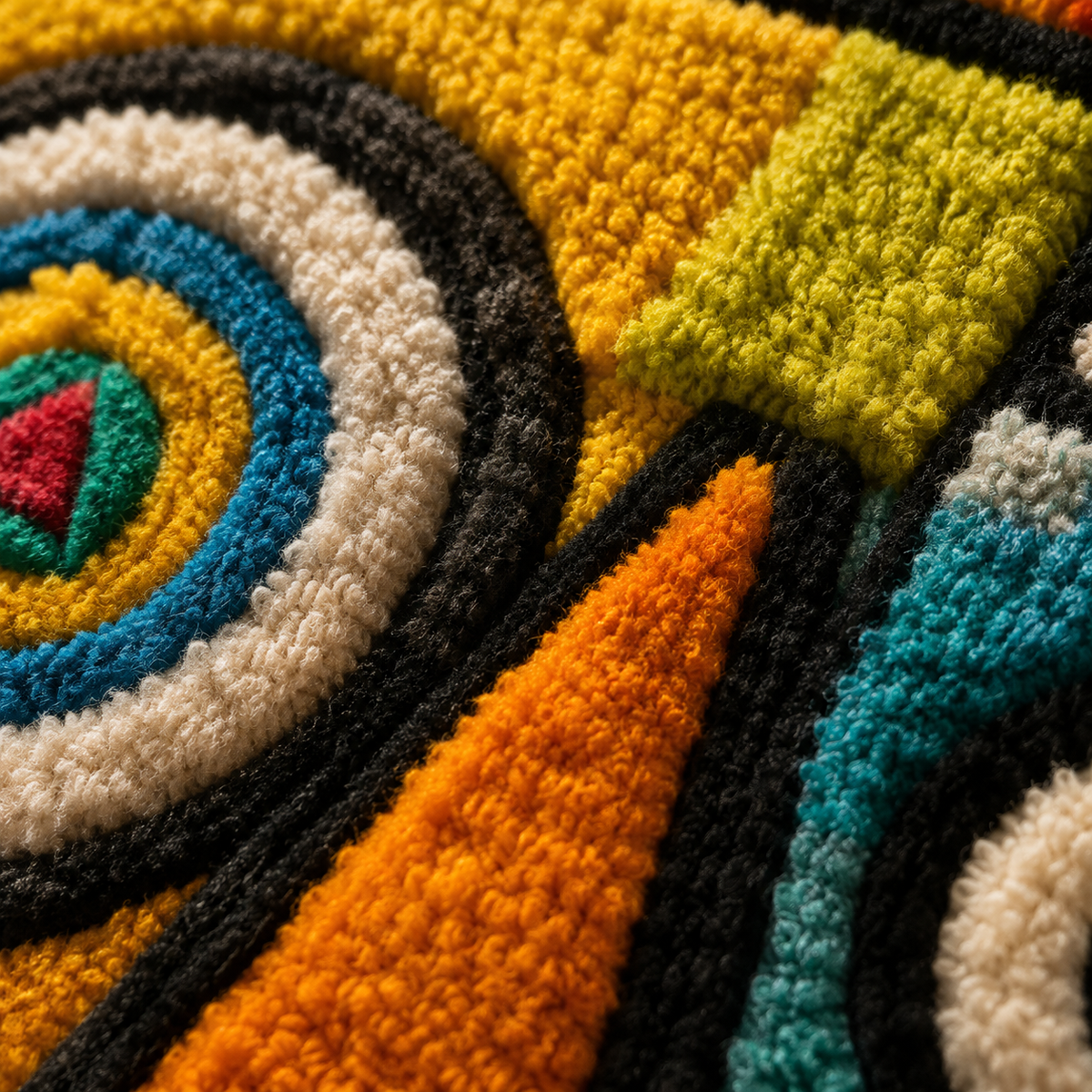Close-up of Hewn Earth Prismatic Totem wall art showcasing textured, colorful geometric patterns on a modern interior wall.