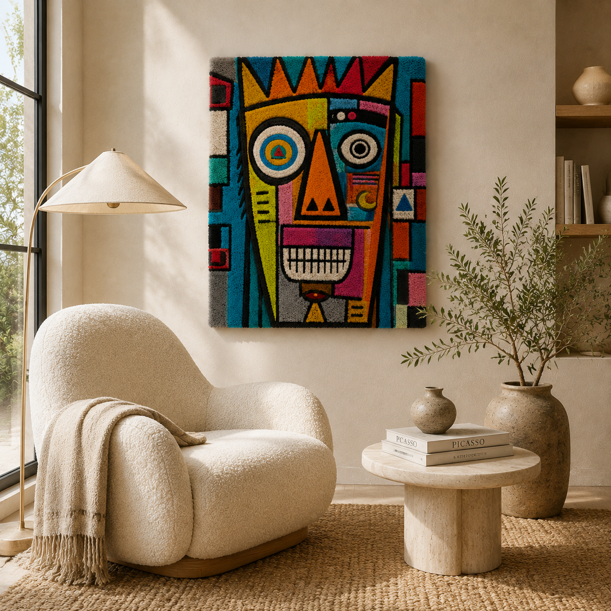 Hewn Earth Prismatic Totem wall art featuring a colorful geometric design on a neutral background.