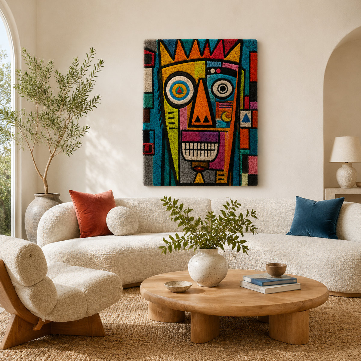 Hewn Earth Prismatic Totem wall art featuring geometric shapes and vibrant colors, mounted on a neutral background.
