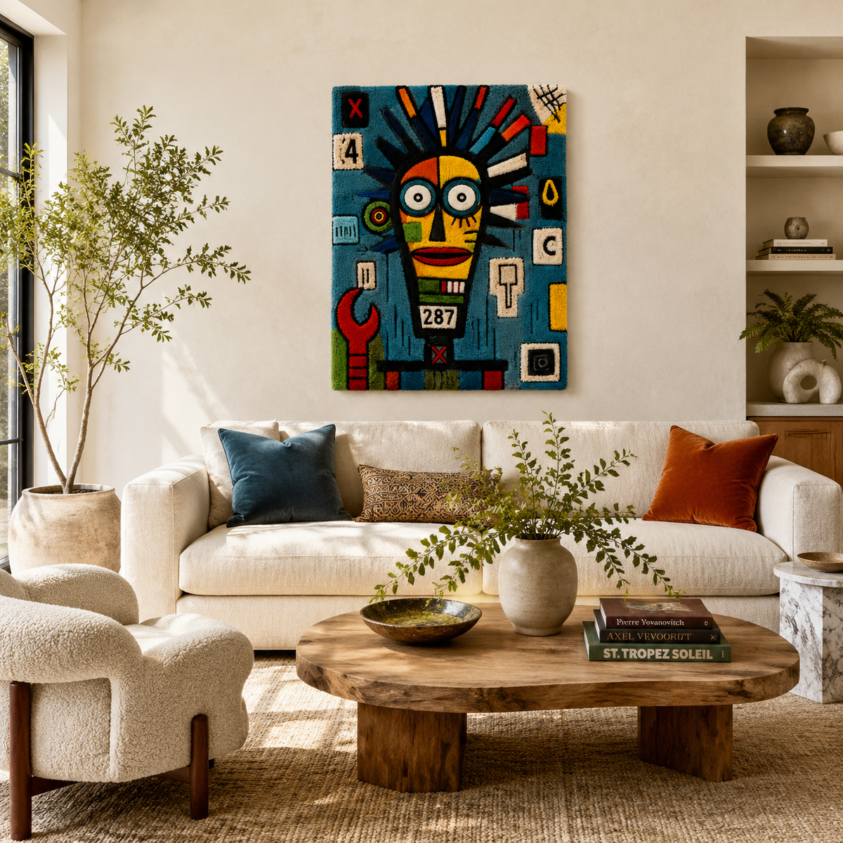 Hewn Earth Workshop Oracle wall art featuring intricate geometric and celestial designs on a textured background.