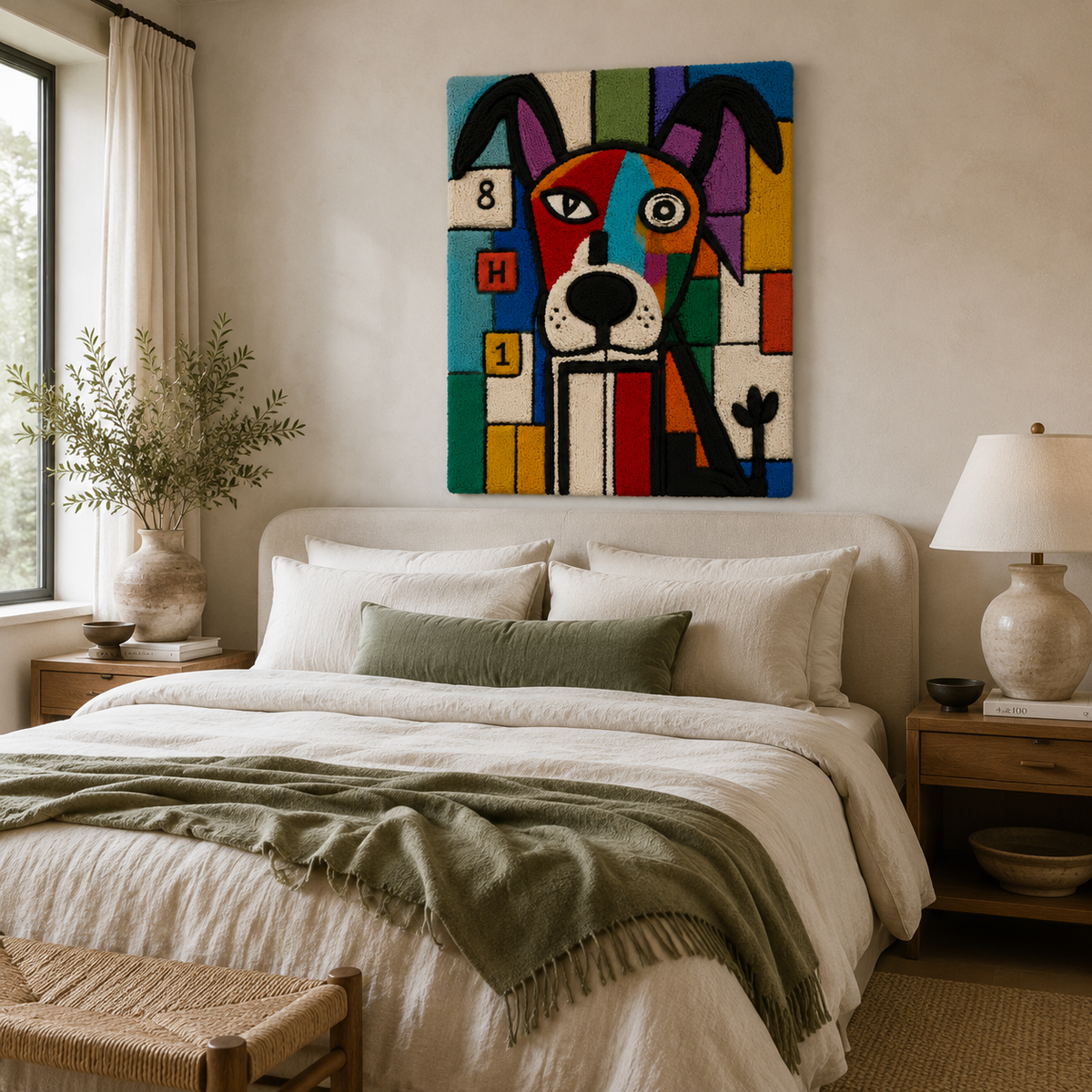 Colorful patchwork hound wall art by Hewn Earth featuring vibrant stitched fabric design on a neutral background.
