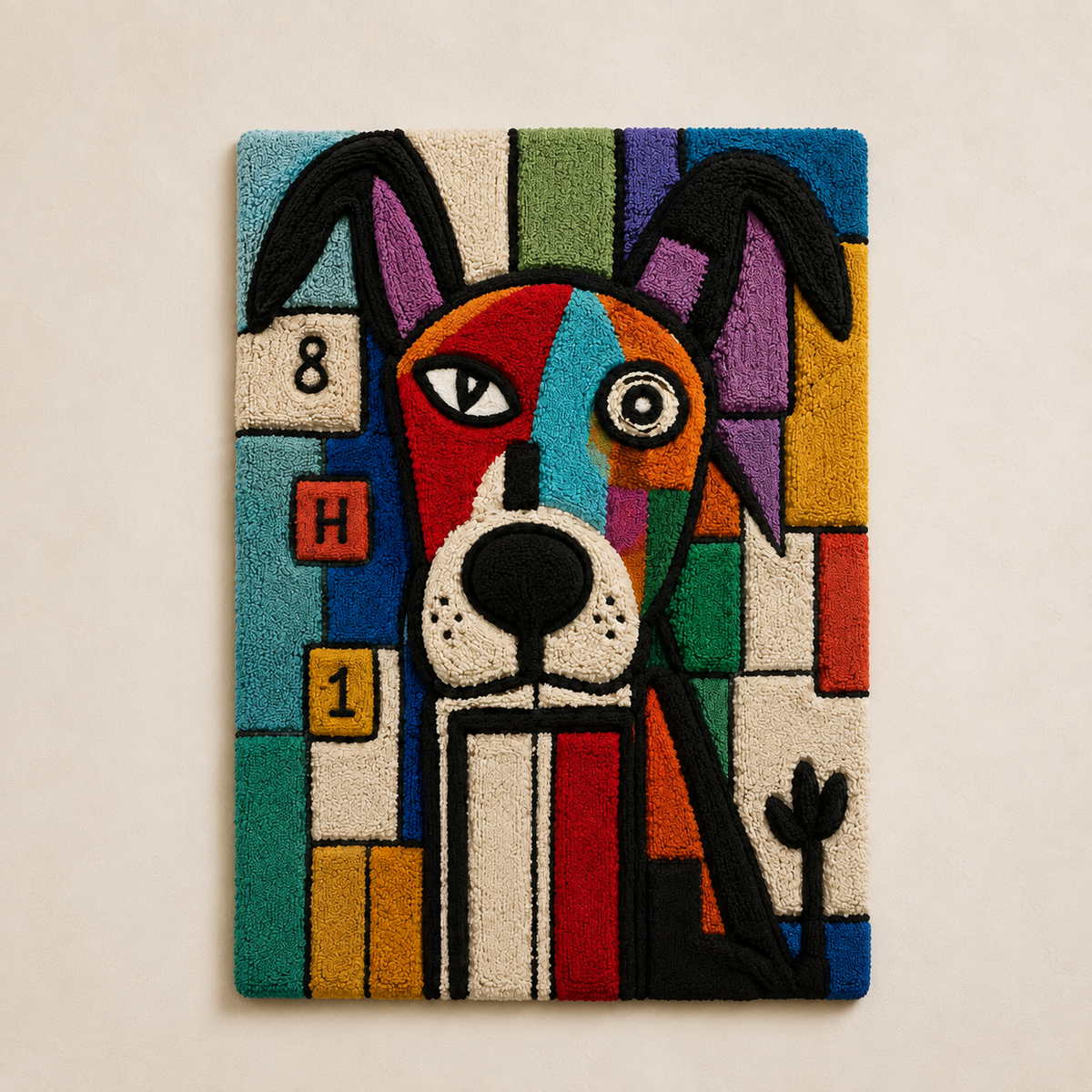 Patchwork Hound Hewn Earth wall art featuring a colorful, patchwork dog illustration on a neutral background.