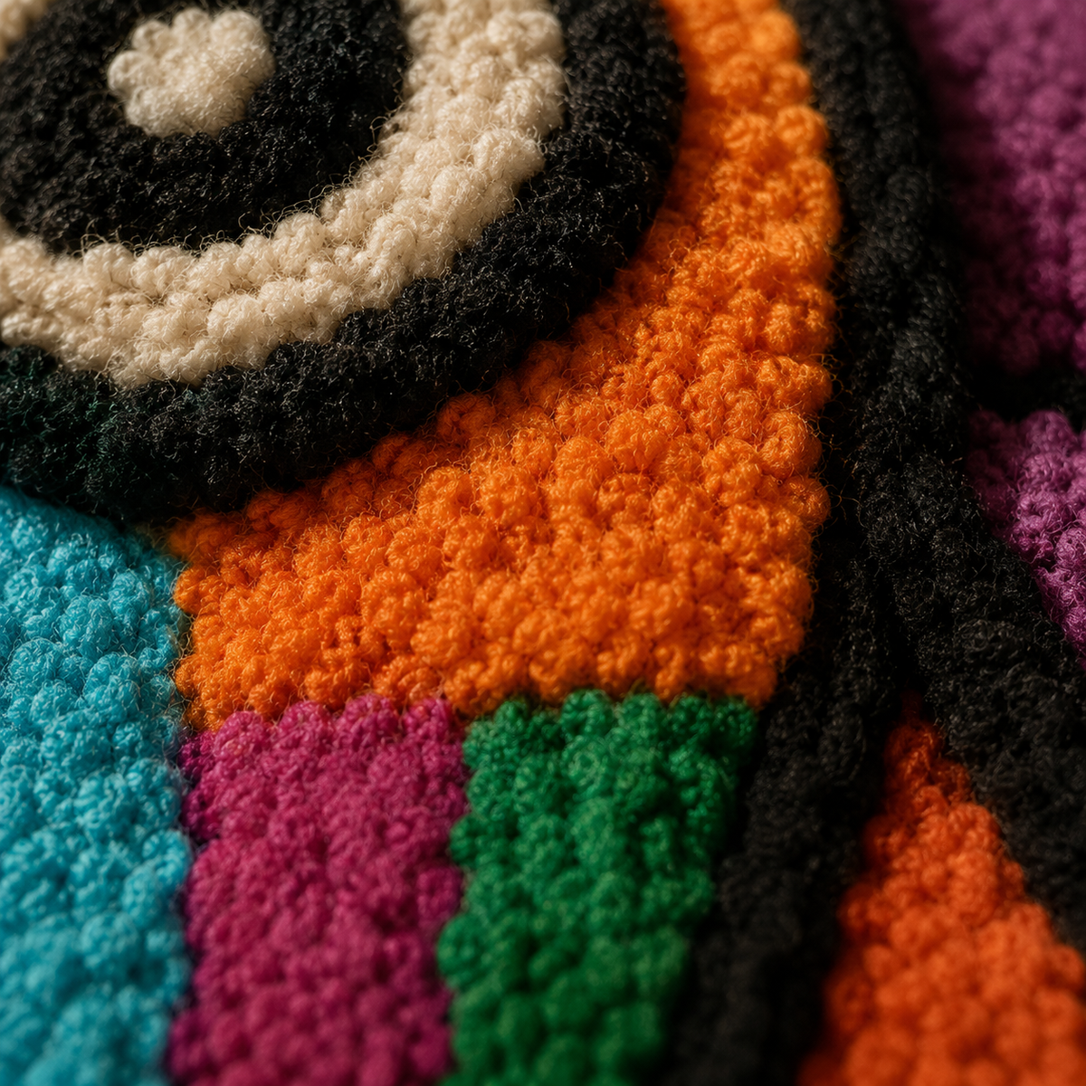 Close-up of Hewn Earth Patchwork Hound wall art showing vibrant fabric patches and detailed stitching.