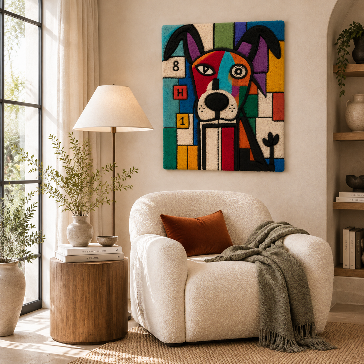 Colorful patchwork Hound wall art by Hewn Earth featuring vibrant woven fabric patterns and detailed stitched design.