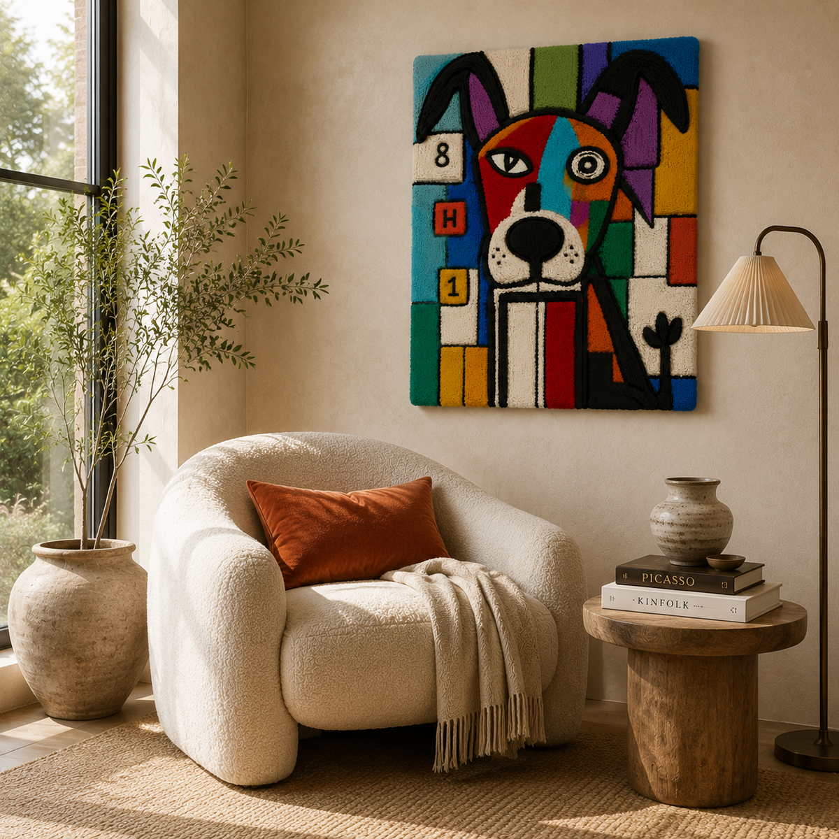 Colorful patchwork Hound Wall Art by Hewn Earth featuring vibrant fabric pieces and a playful dog design.