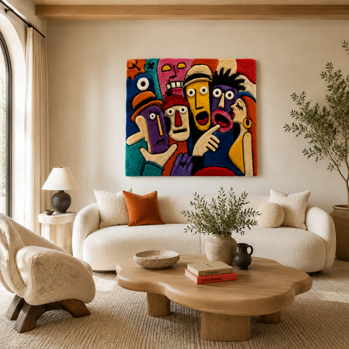 Hewn Earth Gathered Voices wall art featuring abstract, textured design displayed on a modern room wall.