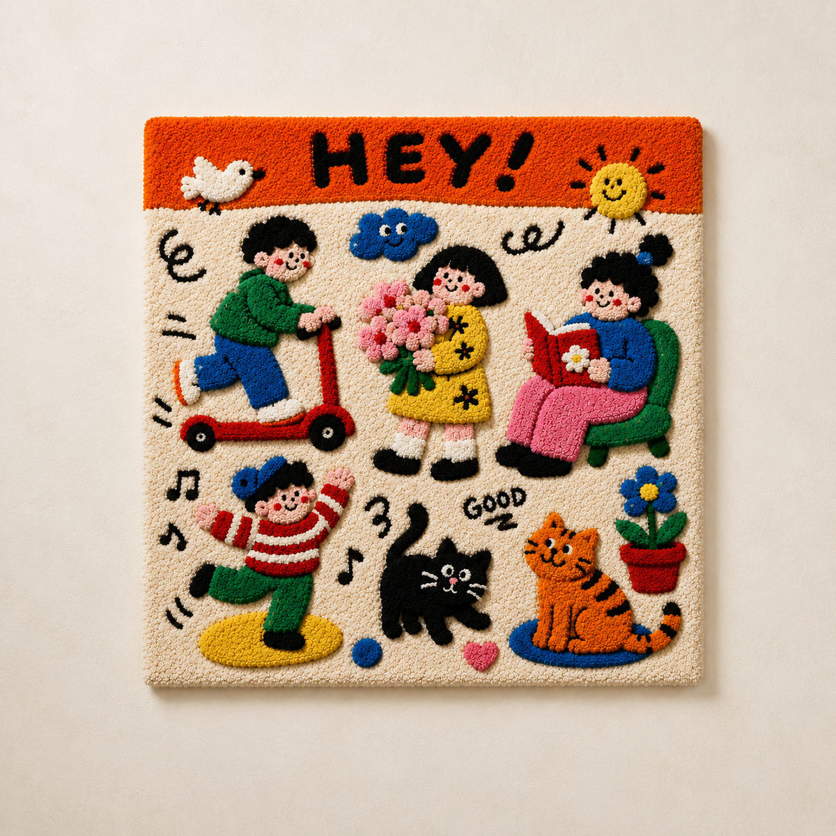 Hewn Earth Hey Neighbour wall art featuring a colorful, textured design on a flat canvas for home decor.