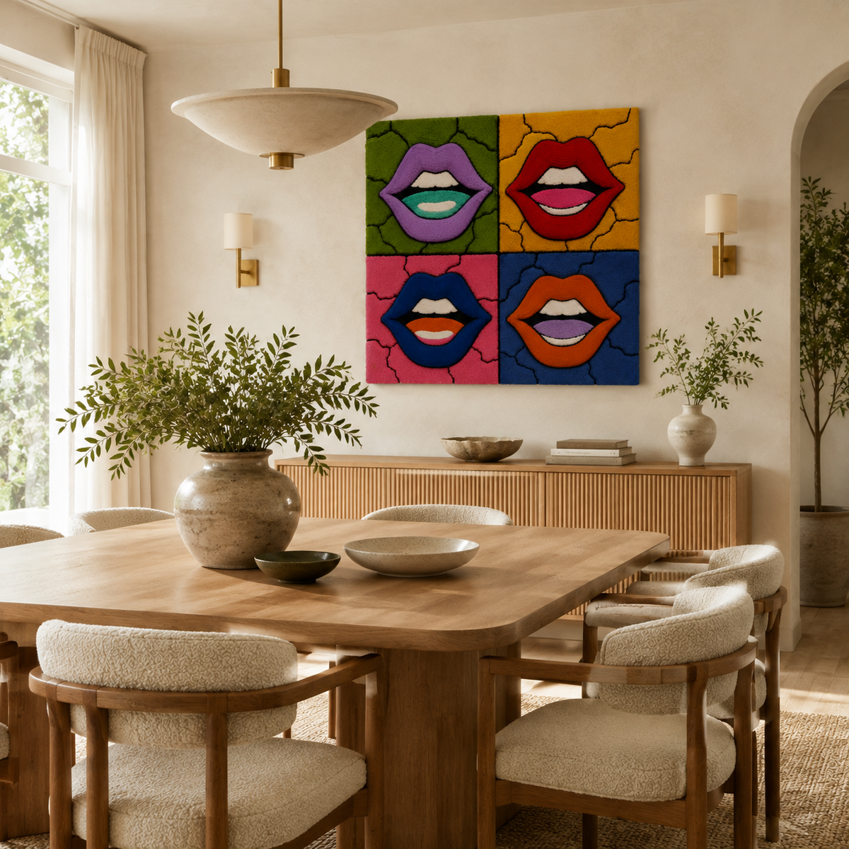 Hewn Earth Pop Lip Quartet wall art featuring vibrant, colorful pop art lips on a room wall.
