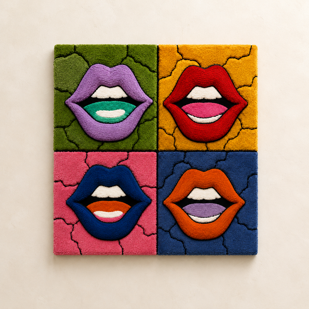 Hewn Earth Pop Lip Quartet wall art featuring four vibrant pop art style lips in a colorful, modern print.