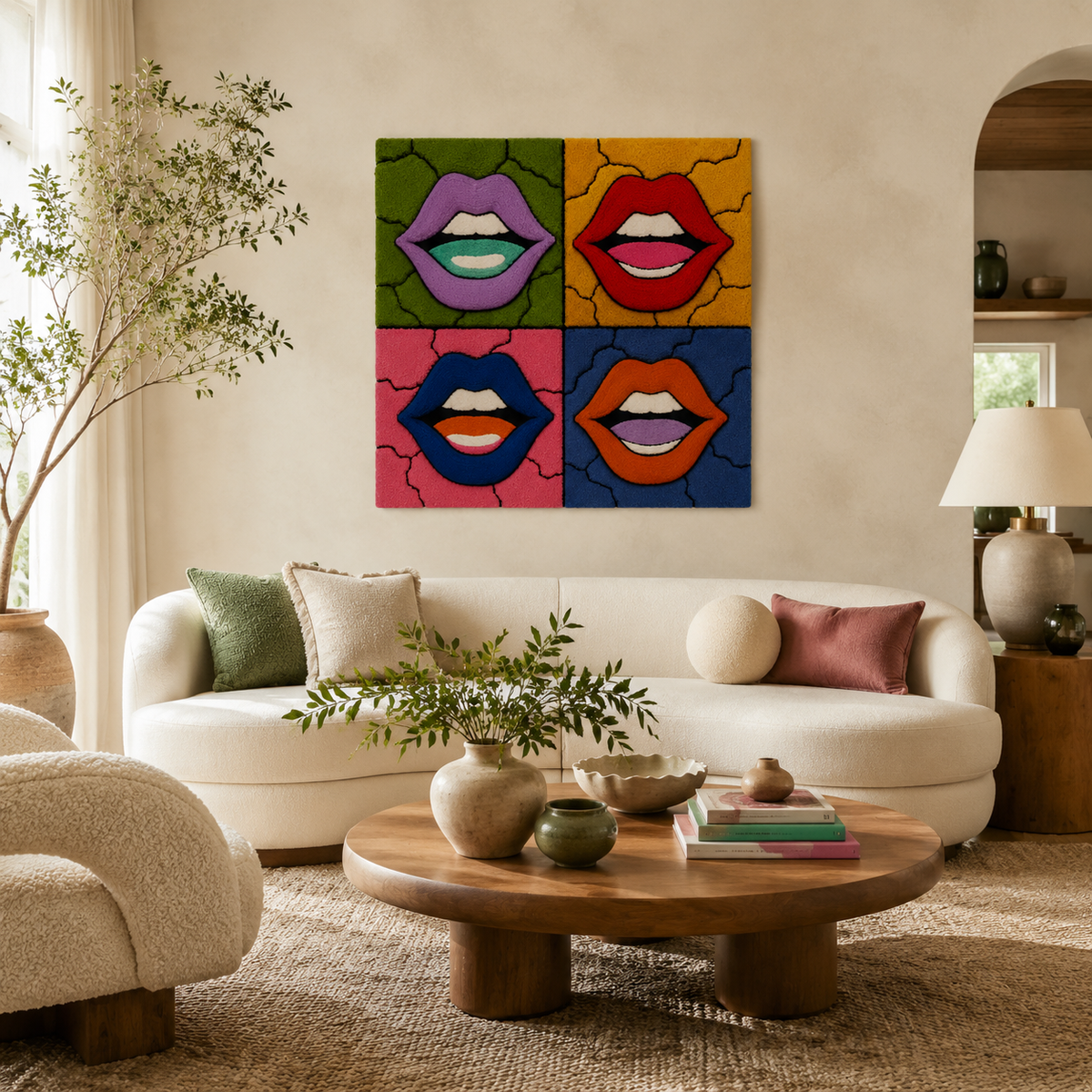 Hewn Earth Pop Lip Quartet wall art featuring four vibrant, abstract lip designs in a modern, colorful print.