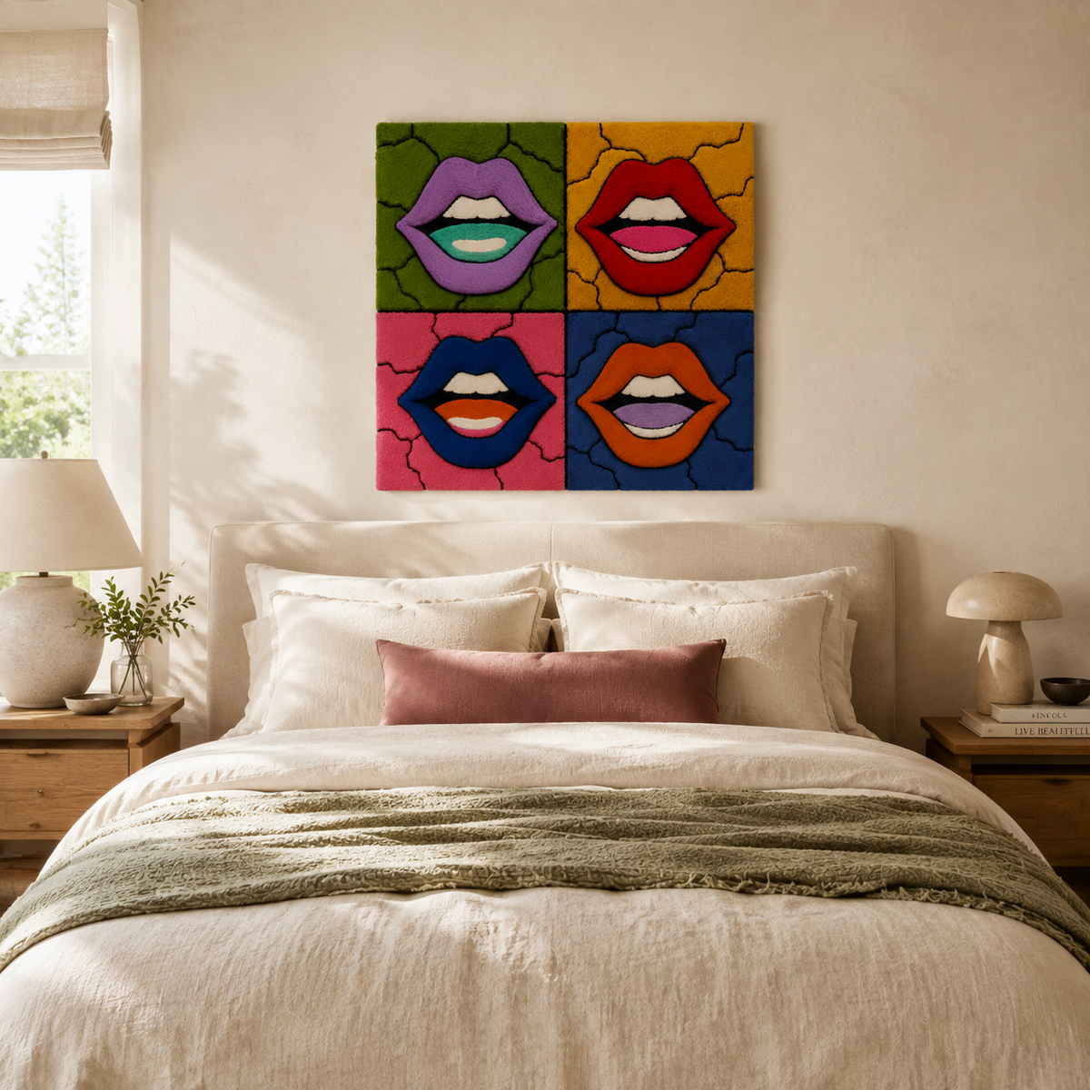 Hewn Earth Pop Lip Quartet wall art featuring four colorful pop art lips in a modern, vibrant design.