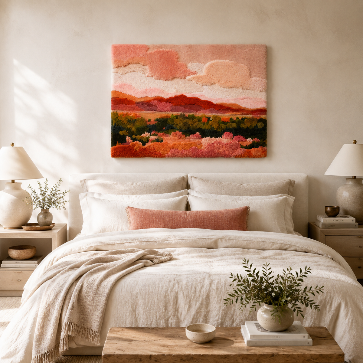Hewn Earth Rose Horizon Fields wall art featuring a scenic landscape with vibrant rose hues and rolling fields, ideal for home decor
