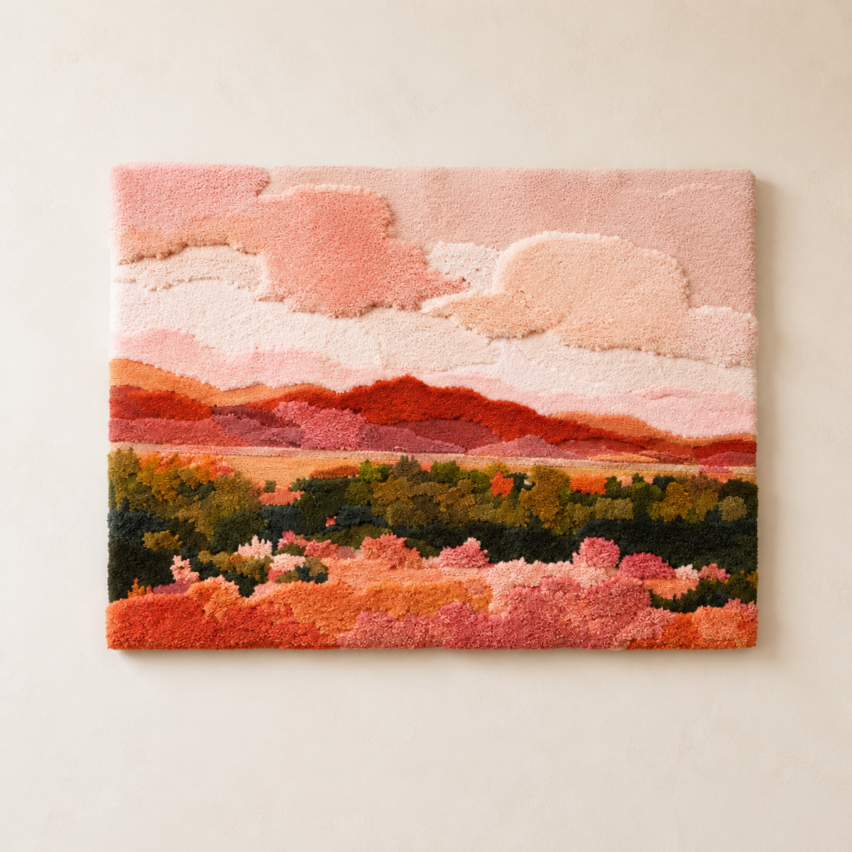 Hewn Earth Rose Horizon Fields wall art featuring a vibrant floral landscape with pink and green hues on a canvas.
