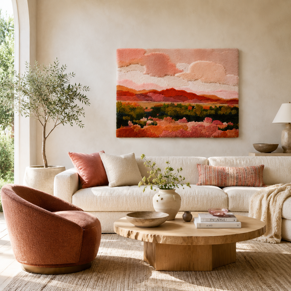 Hewn Earth Rose Horizon Fields wall art featuring a vibrant rose landscape scene on a canvas.