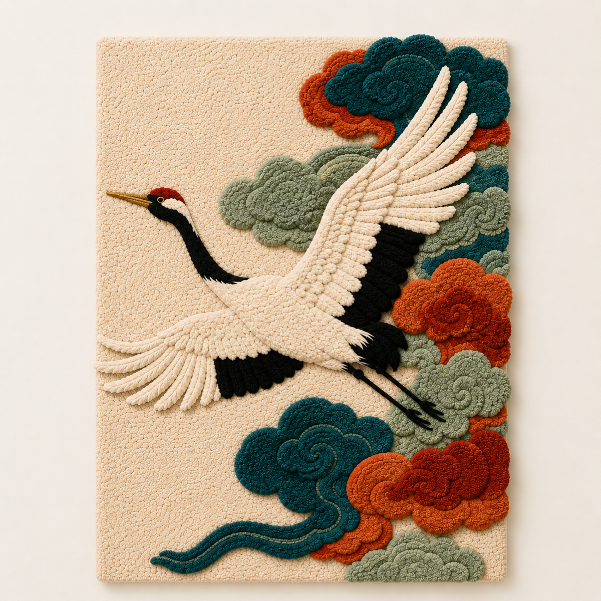 Hewn Earth Crane in Bloom wall art featuring a colorful, intricate crane design on a light background.