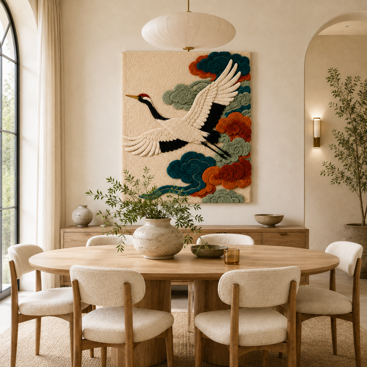 Hewn Earth Crane in Bloom wall art featuring a detailed floral crane design on textured canvas.