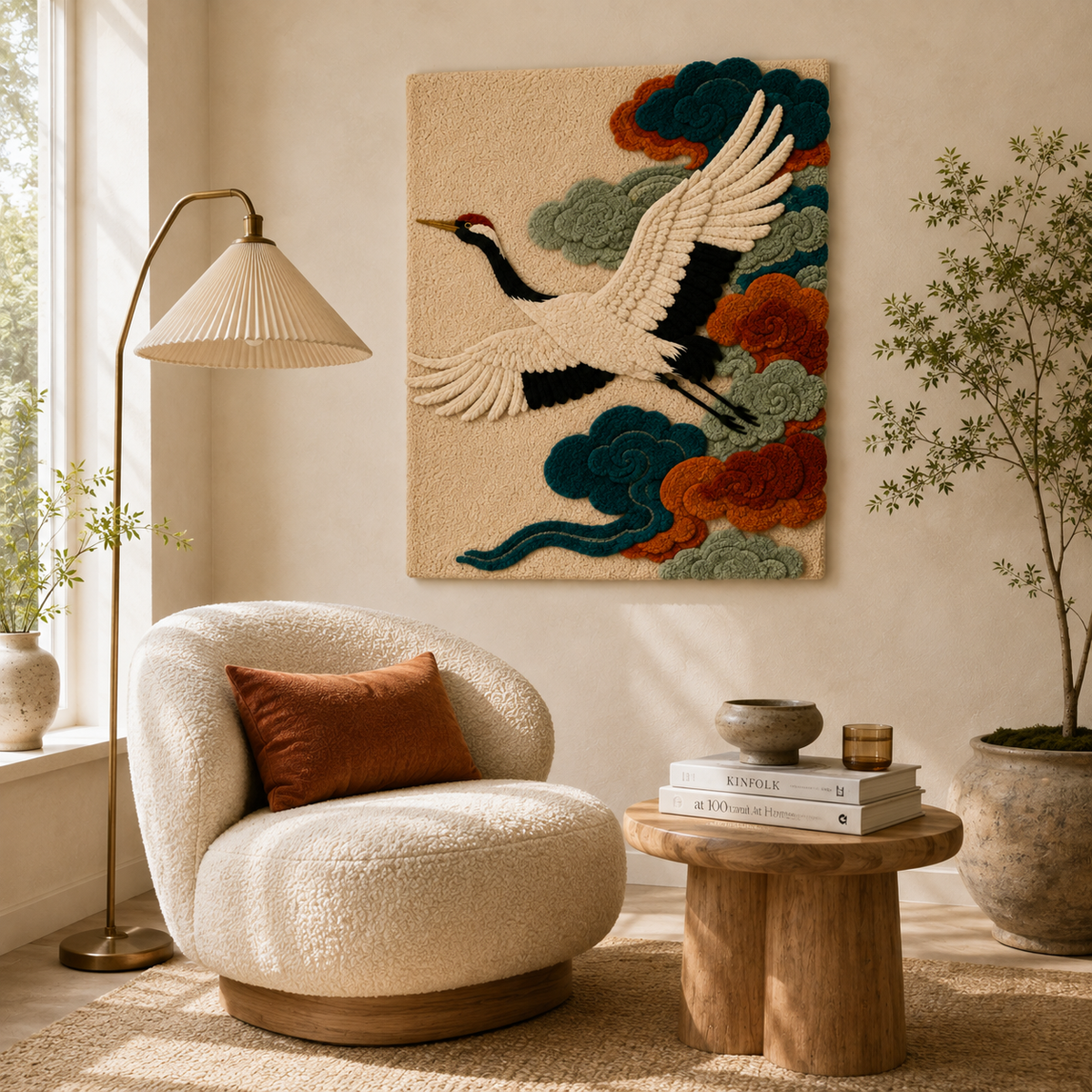Hewn Earth Crane in Bloom wall art featuring a colorful, detailed crane bird surrounded by blooming flowers on a textured background.