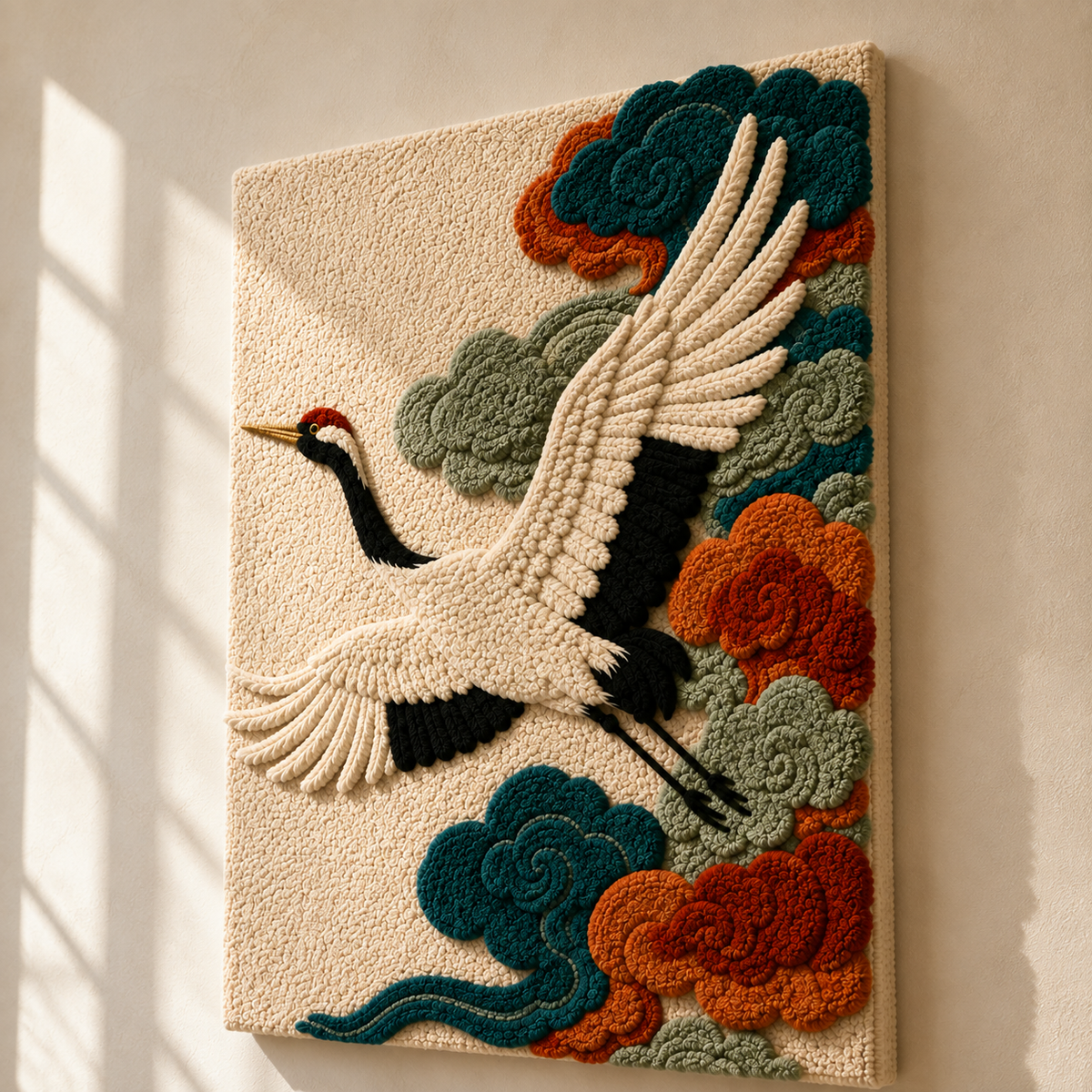 Hewn Earth Crane in Bloom wall art featuring a colorful crane design on a textured background.