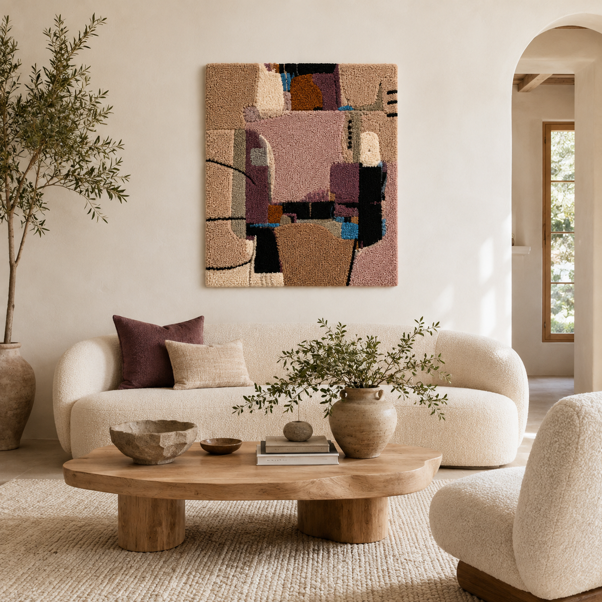 Hewn Earth Patchwork Interval wall art featuring colorful geometric patchwork design on a neutral background.