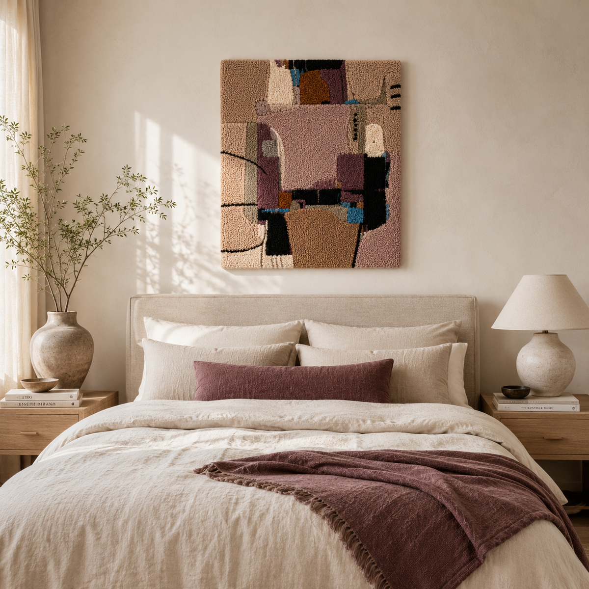 Close-up of Hewn Earth Patchwork Interval wall art showcasing colorful fabric patches and intricate stitching details.