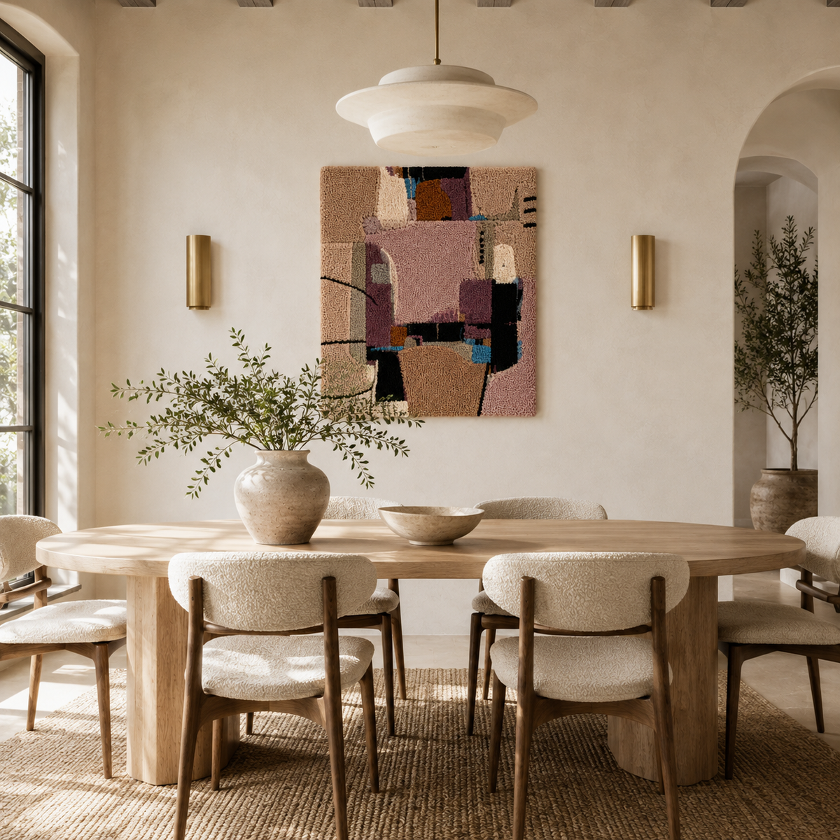 Colorful patchwork wall art by Hewn Earth featuring vibrant geometric patterns and textured fabric details.