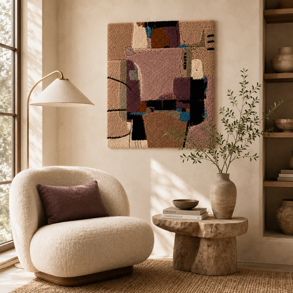 Colorful patchwork wall art by Hewn Earth featuring geometric patterns and mixed fabric textures for vibrant home decor.