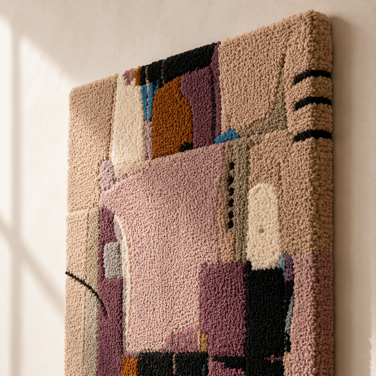 Colorful Hewn Earth Patchwork Interval wall art featuring a vibrant, abstract geometric design on a neutral background.