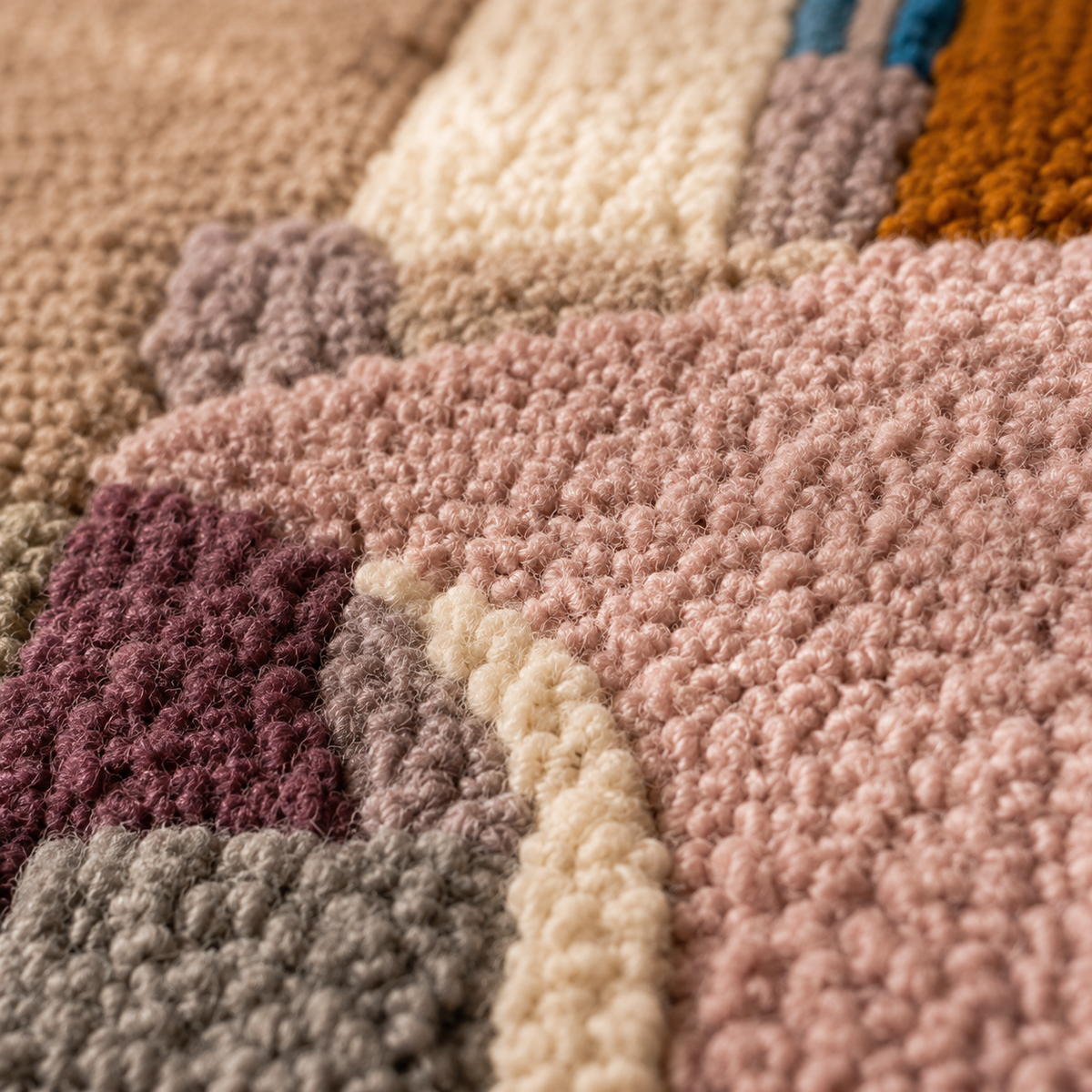 Colorful patchwork wall art by Hewn Earth featuring geometric shapes and textured fabric accents for modern home décor.