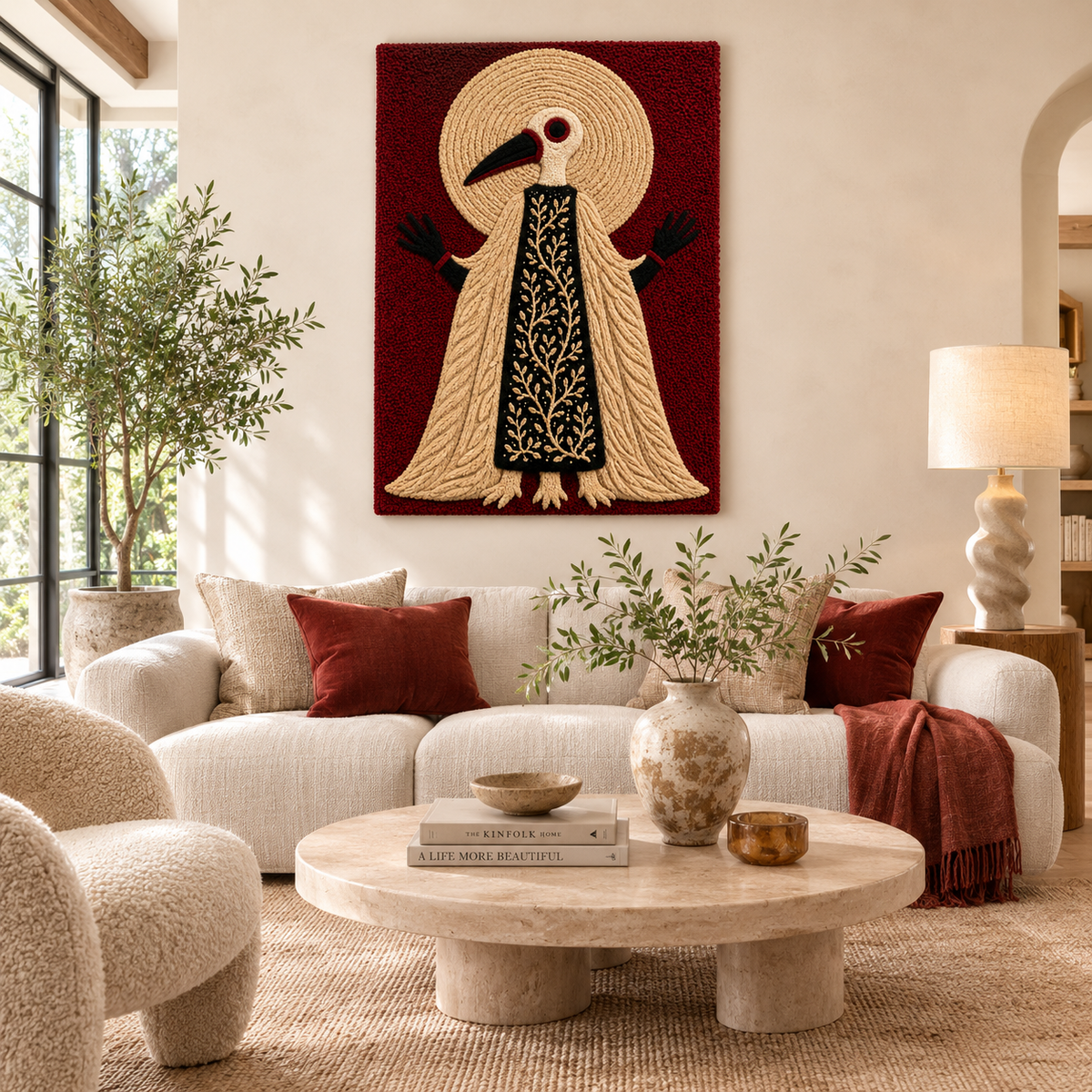 Crimson Bird Oracle wall art by Hewn Earth featuring a vibrant red bird illustration on a decorative wall art piece.