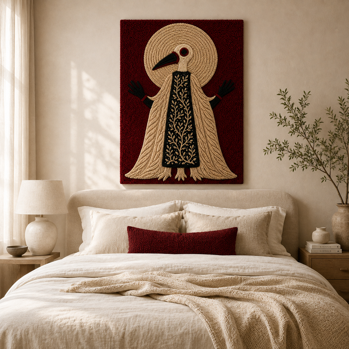 Close-up of Hewn Earth Crimson Bird Oracle wall art featuring detailed crimson bird design on textured background