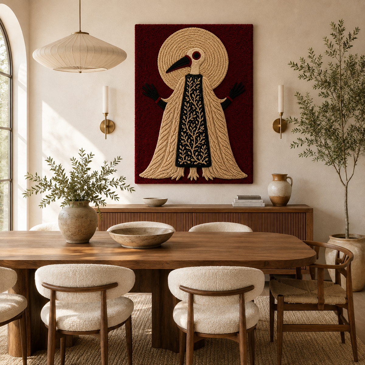 Crimson Bird Oracle wall art by Hewn Earth featuring vibrant red bird illustration on textured background